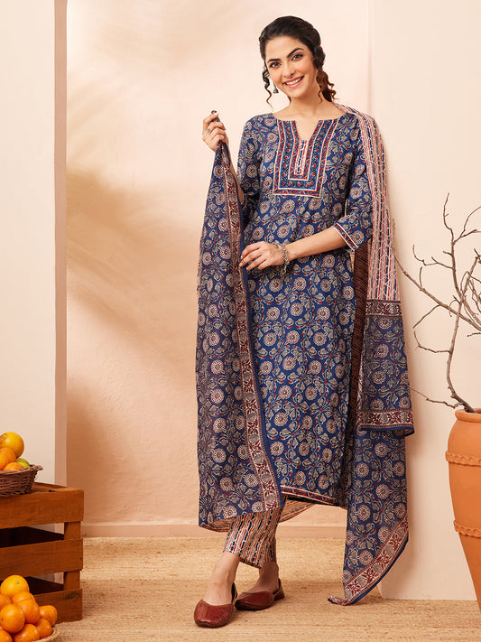 Janasya Women's Blue Pure Cotton Floral Printed Straight Kurta Set