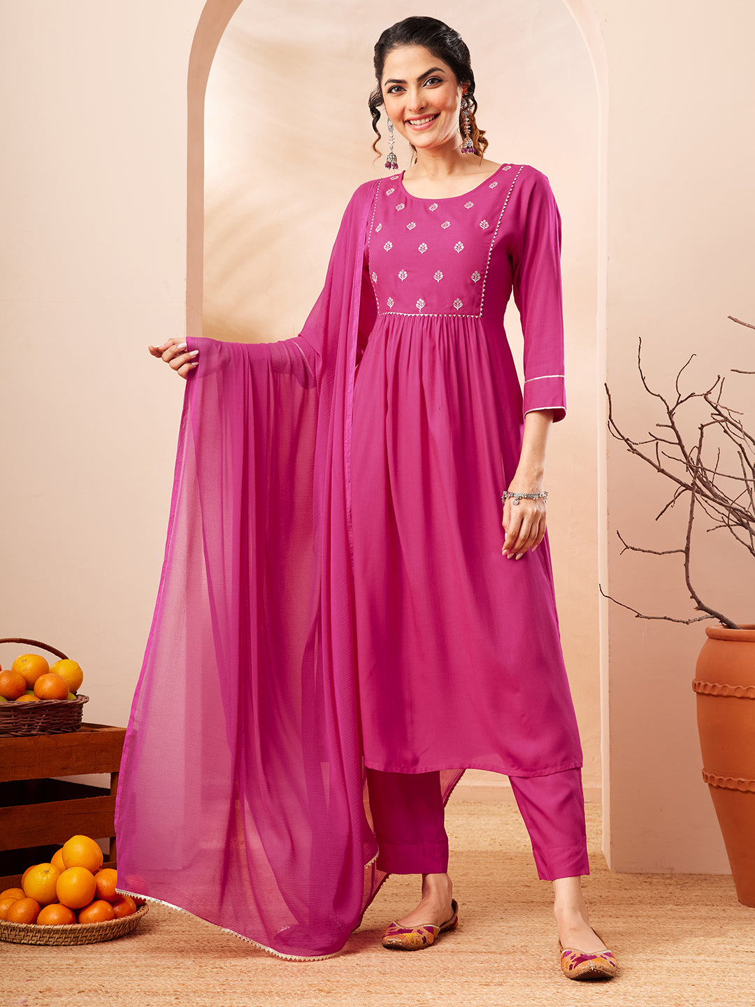 Janasya Women's Pink Rayon Yoke Embroidered A-line Kurta Set