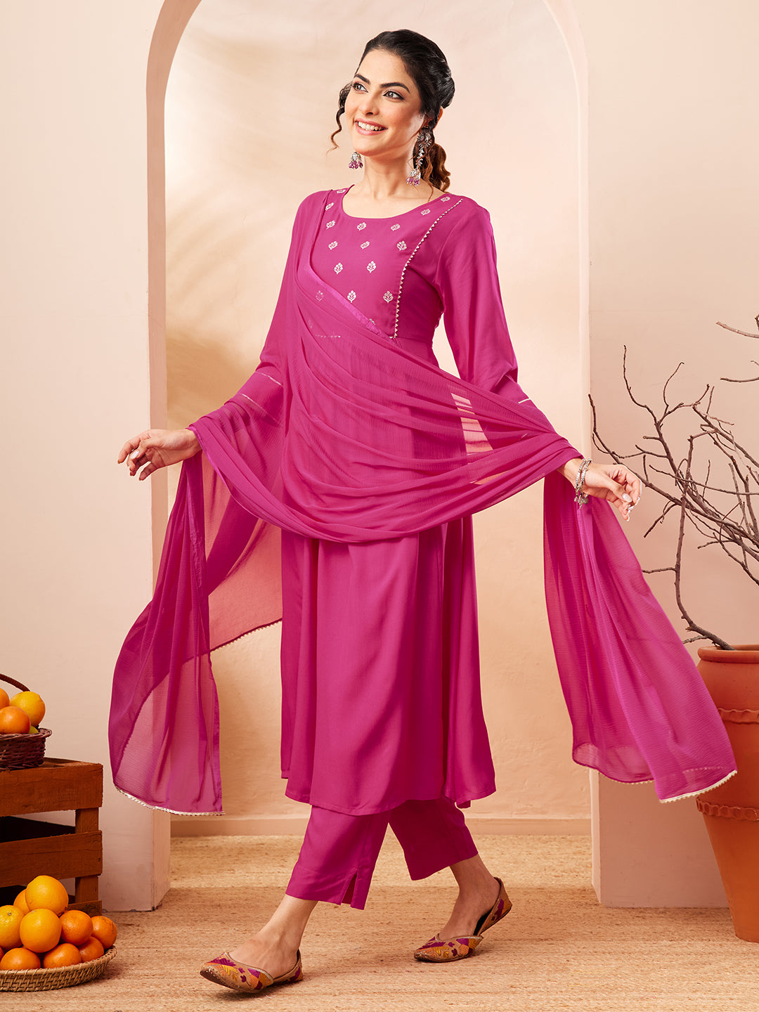 Janasya Women's Pink Rayon Yoke Embroidered A-line Kurta Set