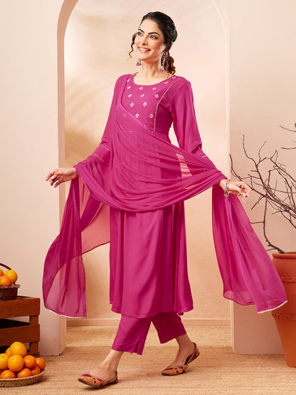 Janasya Women's Pink Rayon Yoke Embroidered A-line Kurta Set