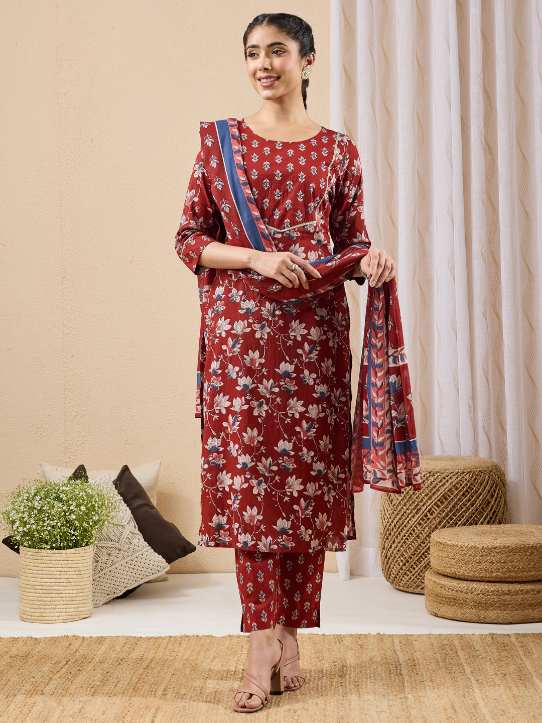 Janasya Women's Maroon Pure Cotton Floral Printed Straight Kurta Set