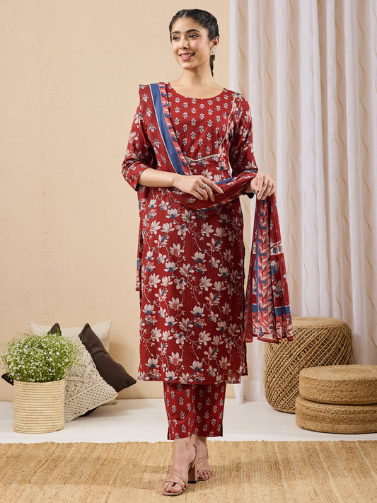 Janasya Women's Maroon Pure Cotton Floral Printed Straight Kurta Set
