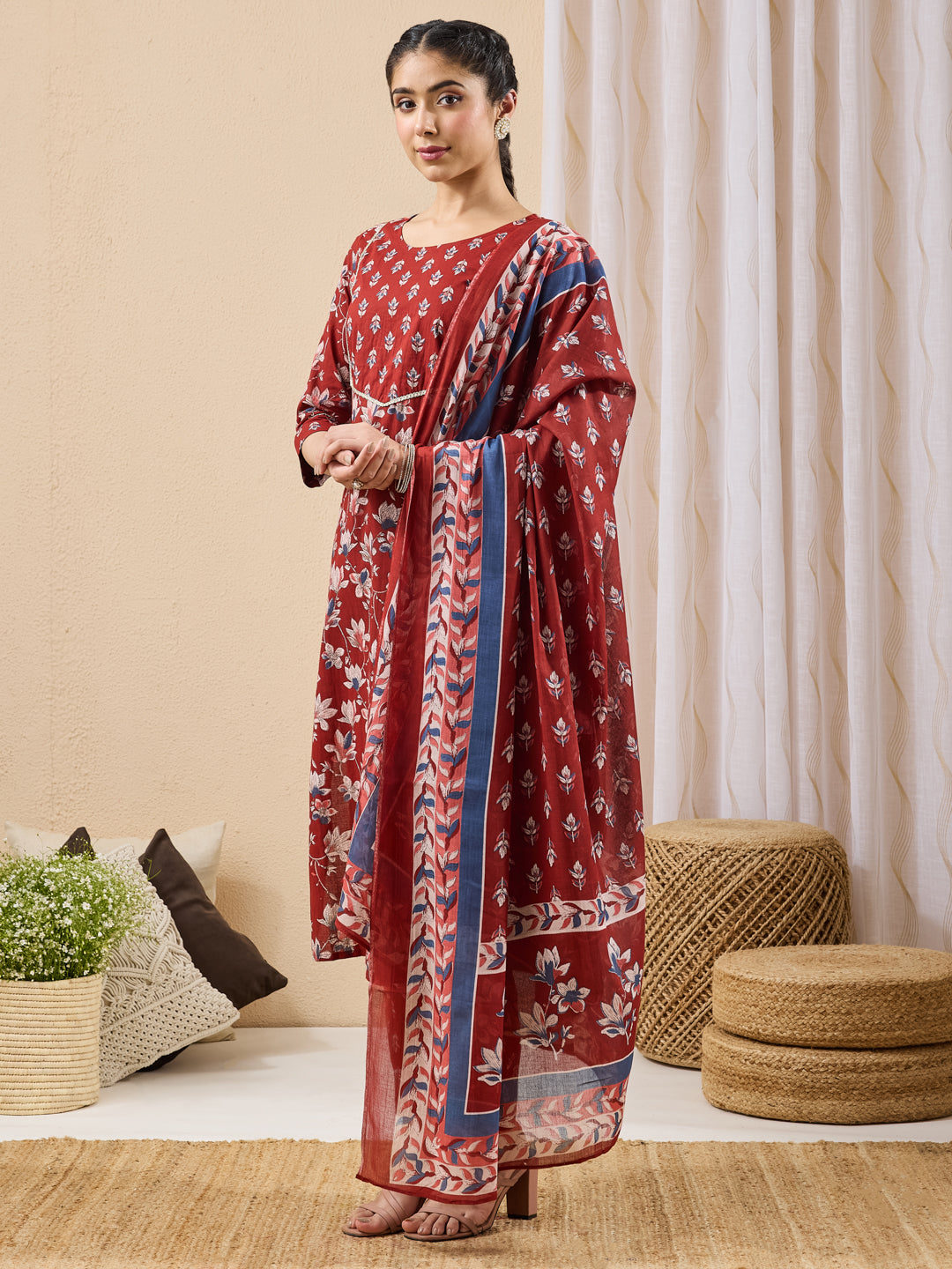 Janasya Women's Maroon Pure Cotton Floral Printed Straight Kurta Set