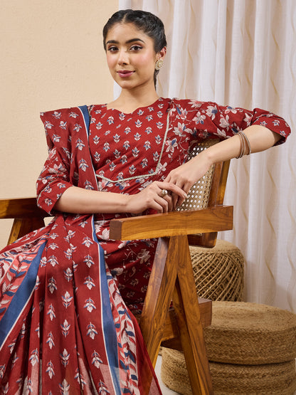 Janasya Women's Maroon Pure Cotton Floral Printed Straight Kurta Set