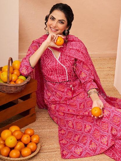 Janasya Women's Pink Pure Cotton Bandhani Printed Kurta Set