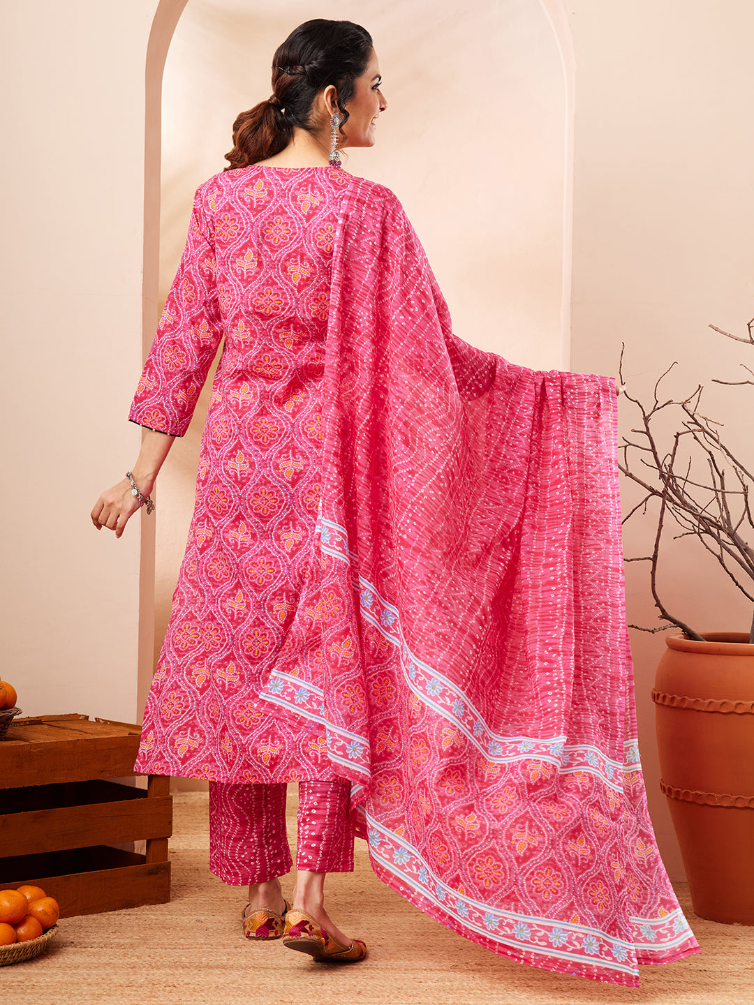 Janasya Women's Pink Pure Cotton Bandhani Printed Kurta Set