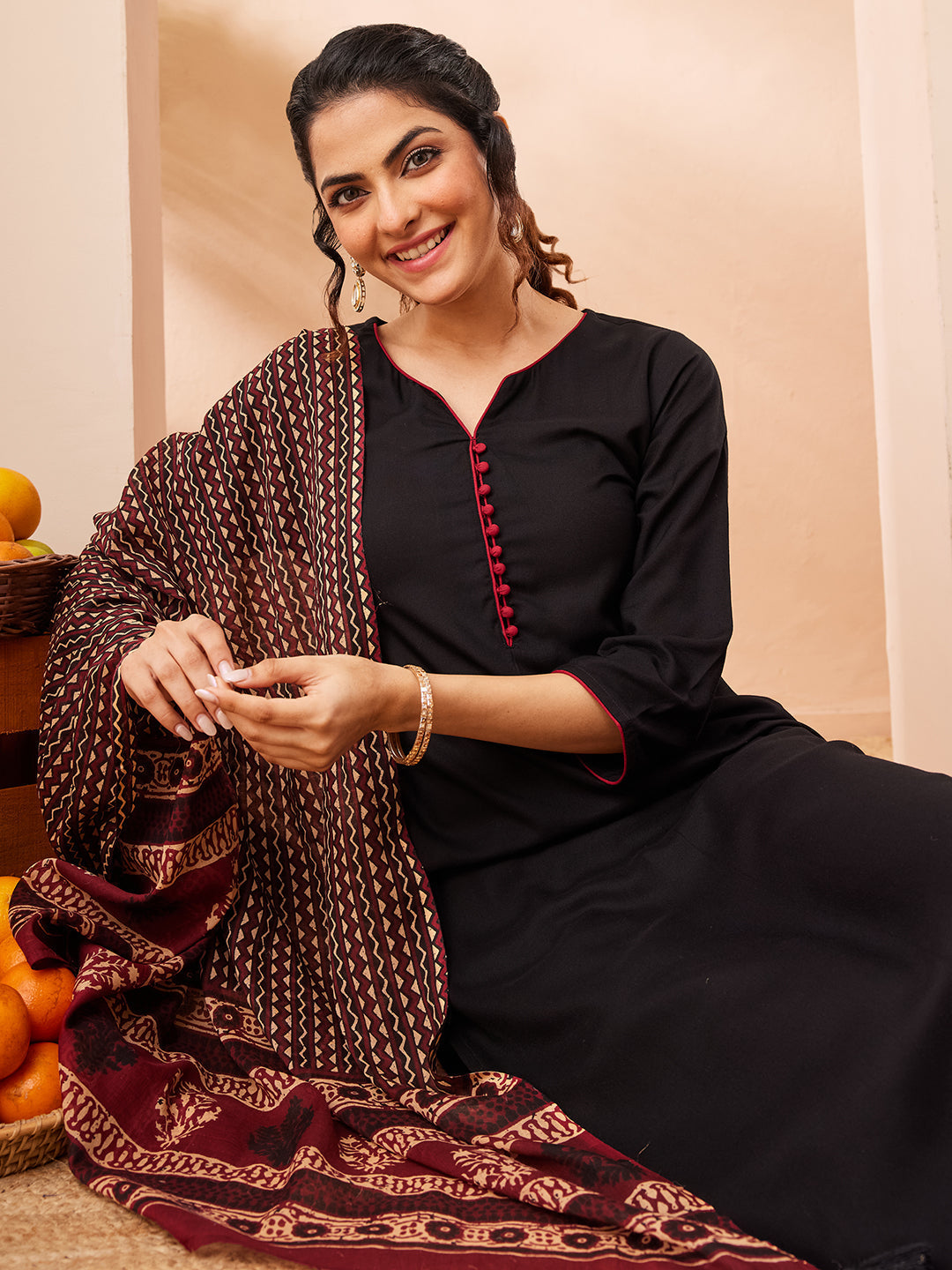 Janasya Women's Black Rayon Solid Straight Kurta Set With Printed Dupatta