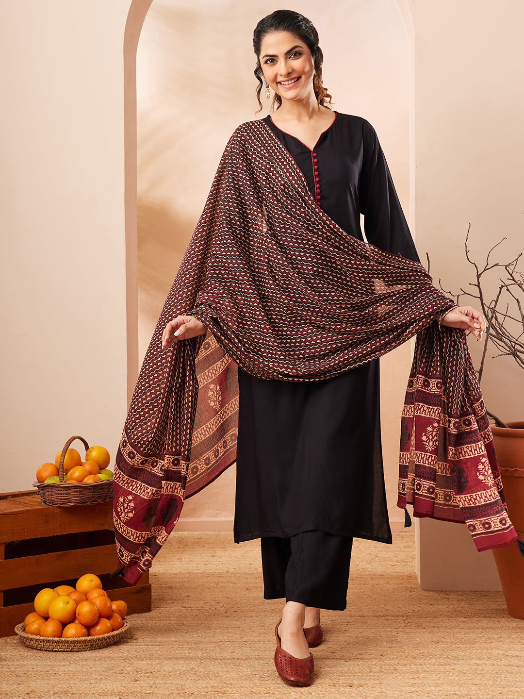 Janasya Women's Black Rayon Solid Straight Kurta Set With Printed Dupatta