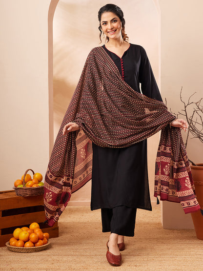 Janasya Women's Black Rayon Solid Straight Kurta Set With Printed Dupatta