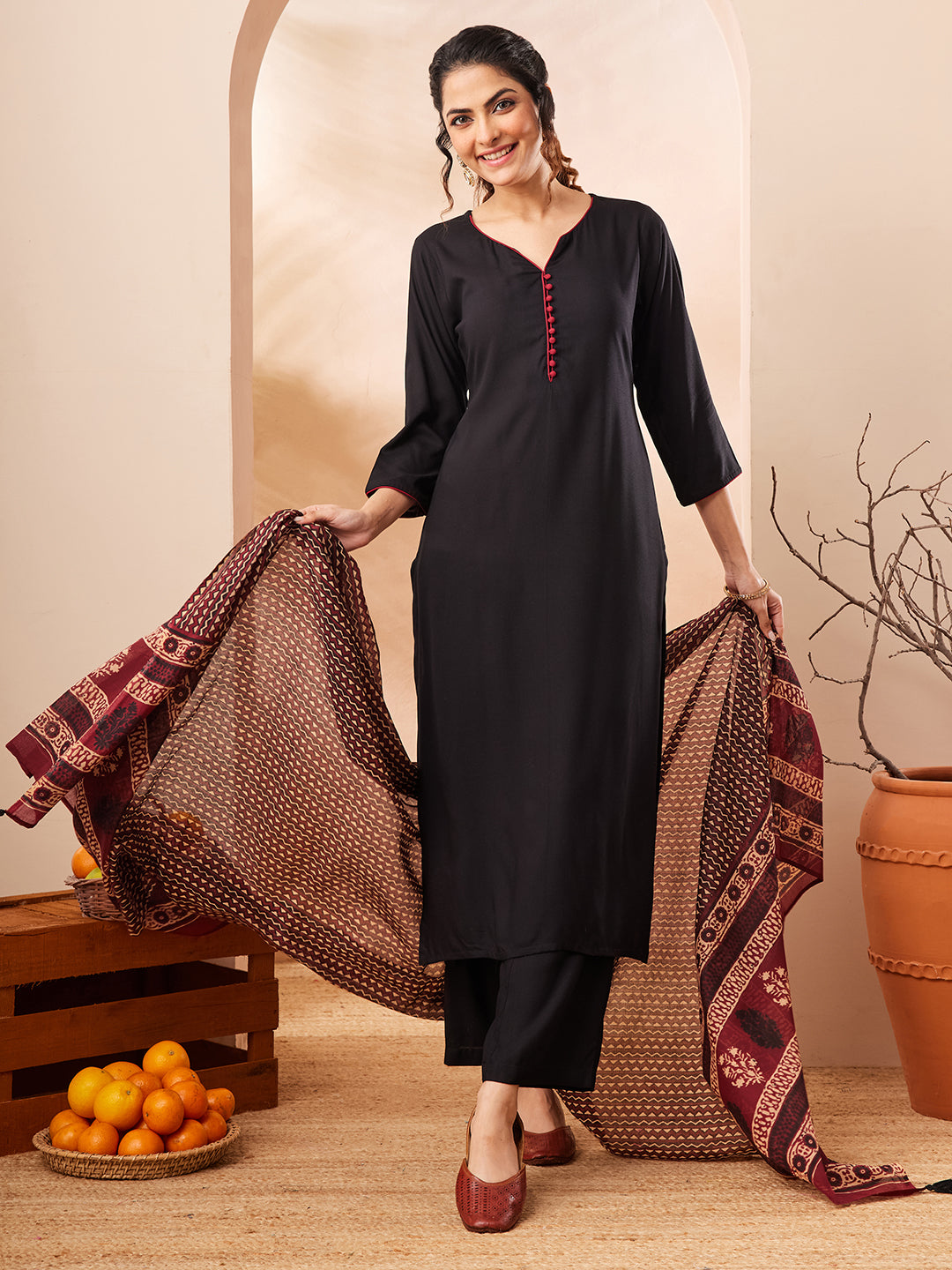 Janasya Women's Black Rayon Solid Straight Kurta Set With Printed Dupatta