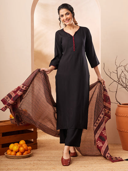 Janasya Women's Black Rayon Solid Straight Kurta Set With Printed Dupatta
