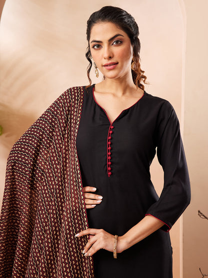 Janasya Women's Black Rayon Solid Straight Kurta Set With Printed Dupatta