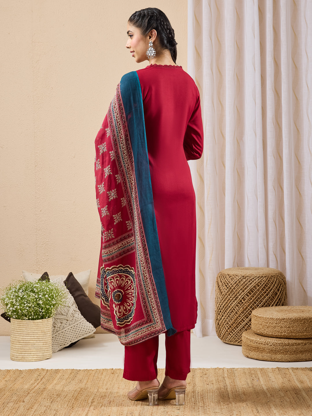 Janasya Women's Maroon Rayon Yoke Design Straight Kurta Set With Printed Dupatta