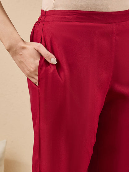 Janasya Women's Maroon Rayon Yoke Design Straight Kurta Set With Printed Dupatta