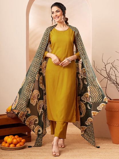 Janasya Women's Mustard Rayon Solid Straight Kurta Set