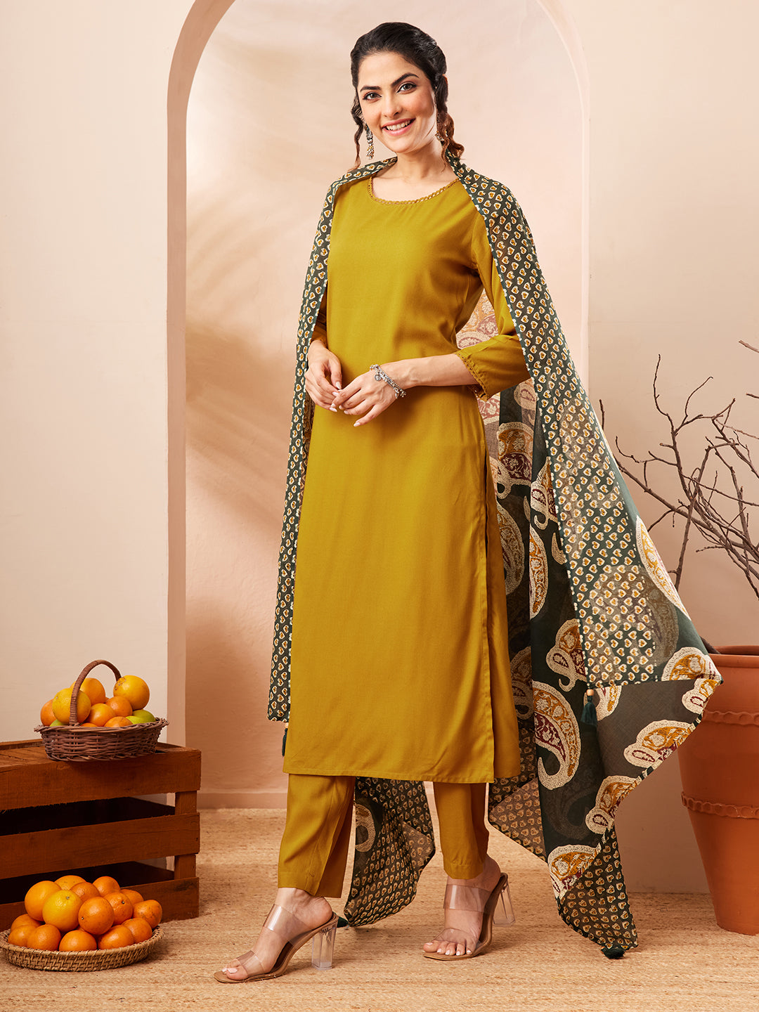 Janasya Women's Mustard Rayon Solid Straight Kurta Set