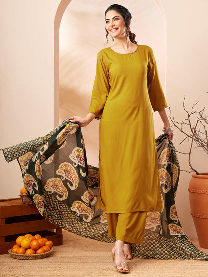 Janasya Women's Mustard Rayon Solid Straight Kurta Set