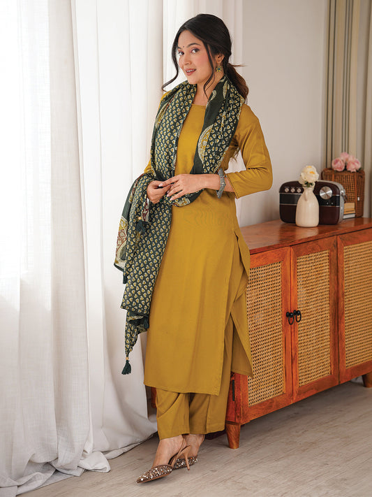 Janasya Women's Mustard Rayon Solid Straight Kurta Set