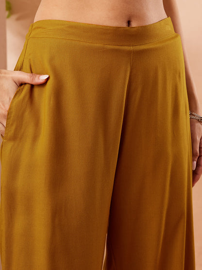 Janasya Women's Mustard Rayon Solid Straight Kurta Set