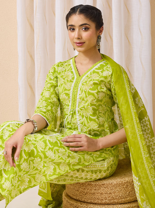 Janasya Women's Lime Green Pure Cotton Floral Printed Straight Kurta Set