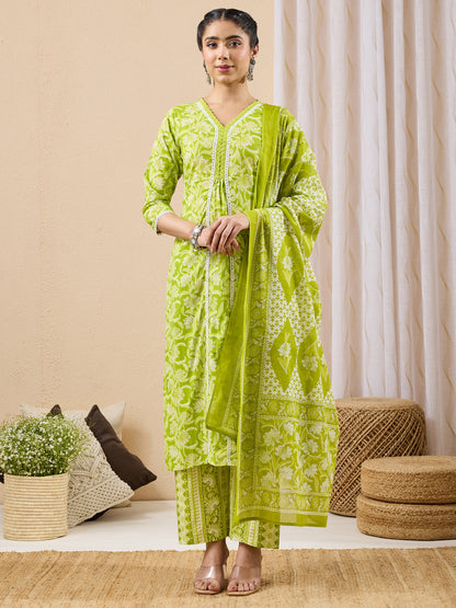 Janasya Women's Lime Green Pure Cotton Floral Printed Straight Kurta Set