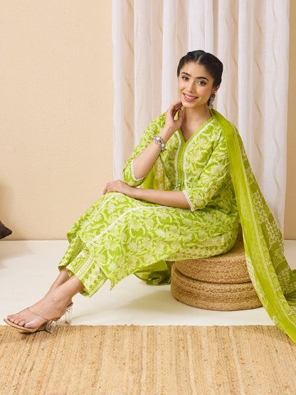 Janasya Women's Lime Green Pure Cotton Floral Printed Straight Kurta Set