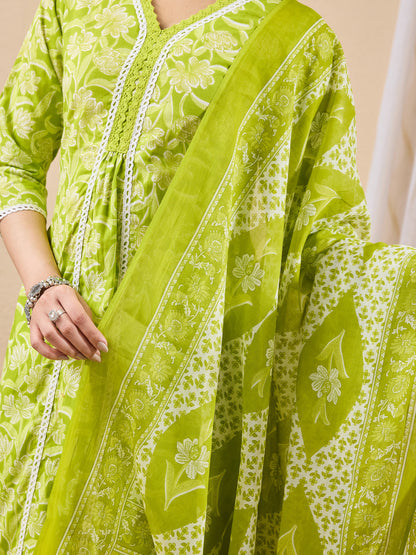 Janasya Women's Lime Green Pure Cotton Floral Printed Straight Kurta Set
