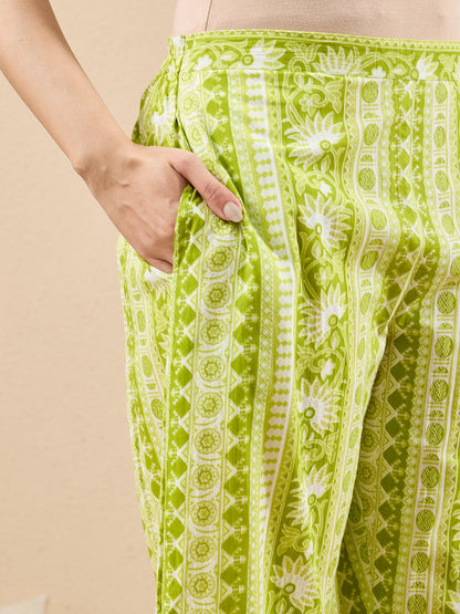 Janasya Women's Lime Green Pure Cotton Floral Printed Straight Kurta Set