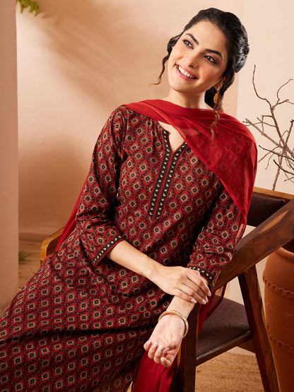 Janasya Women's Rust Pure Cotton Ethnic Motifs Printed Straight Kurta Set