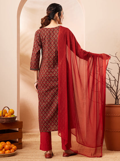 Janasya Women's Rust Pure Cotton Ethnic Motifs Printed Straight Kurta Set