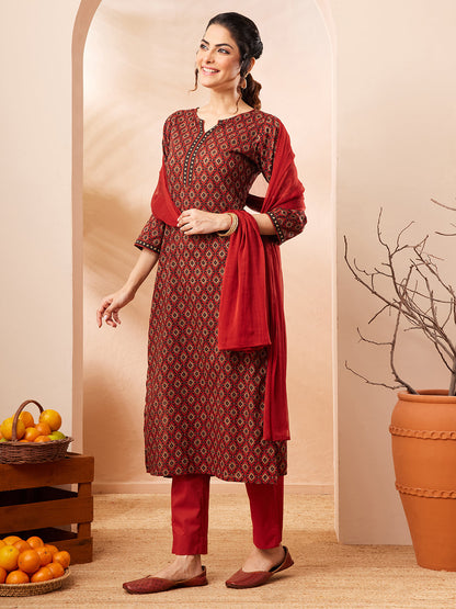 Janasya Women's Rust Pure Cotton Ethnic Motifs Printed Straight Kurta Set