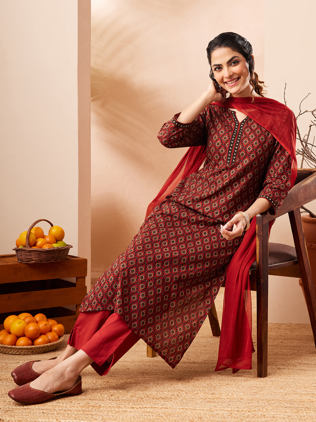 Janasya Women's Rust Pure Cotton Ethnic Motifs Printed Straight Kurta Set