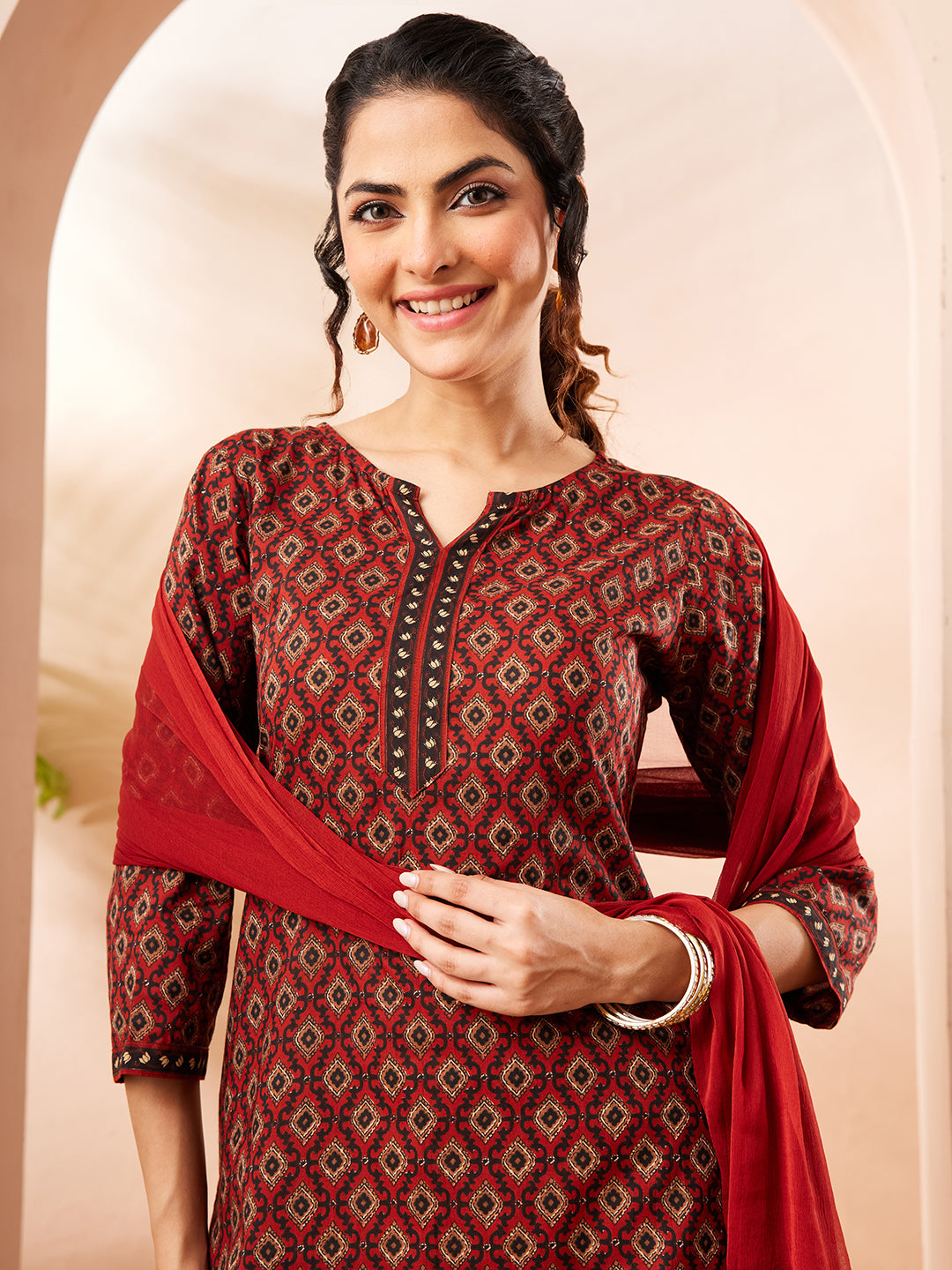 Janasya Women's Rust Pure Cotton Ethnic Motifs Printed Straight Kurta Set