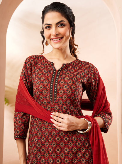 Janasya Women's Rust Pure Cotton Ethnic Motifs Printed Straight Kurta Set