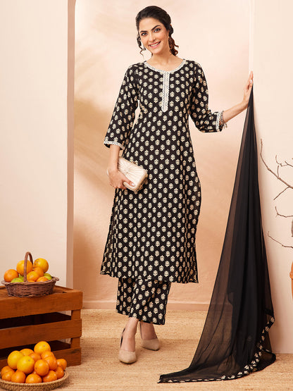 Janasya Women's Black Pure Cotton Floral Printed Straight Kurta Set