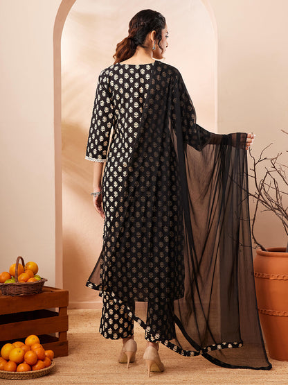 Janasya Women's Black Pure Cotton Floral Printed Straight Kurta Set
