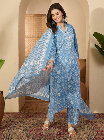 Janasya Women's Light Blue Pure Cotton Floral Printed Straight Kurta Set