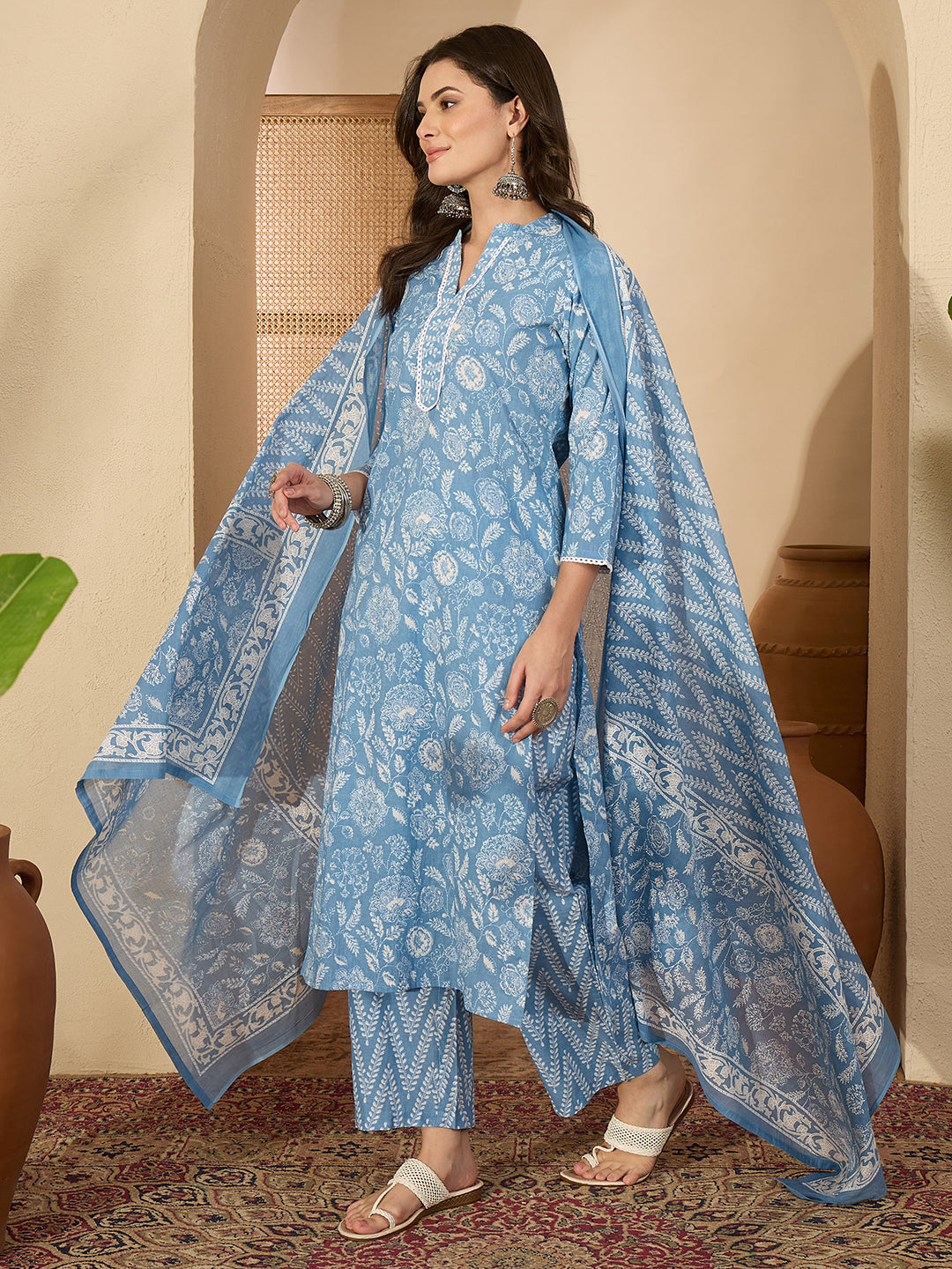 Janasya Women's Light Blue Pure Cotton Floral Printed Straight Kurta Set