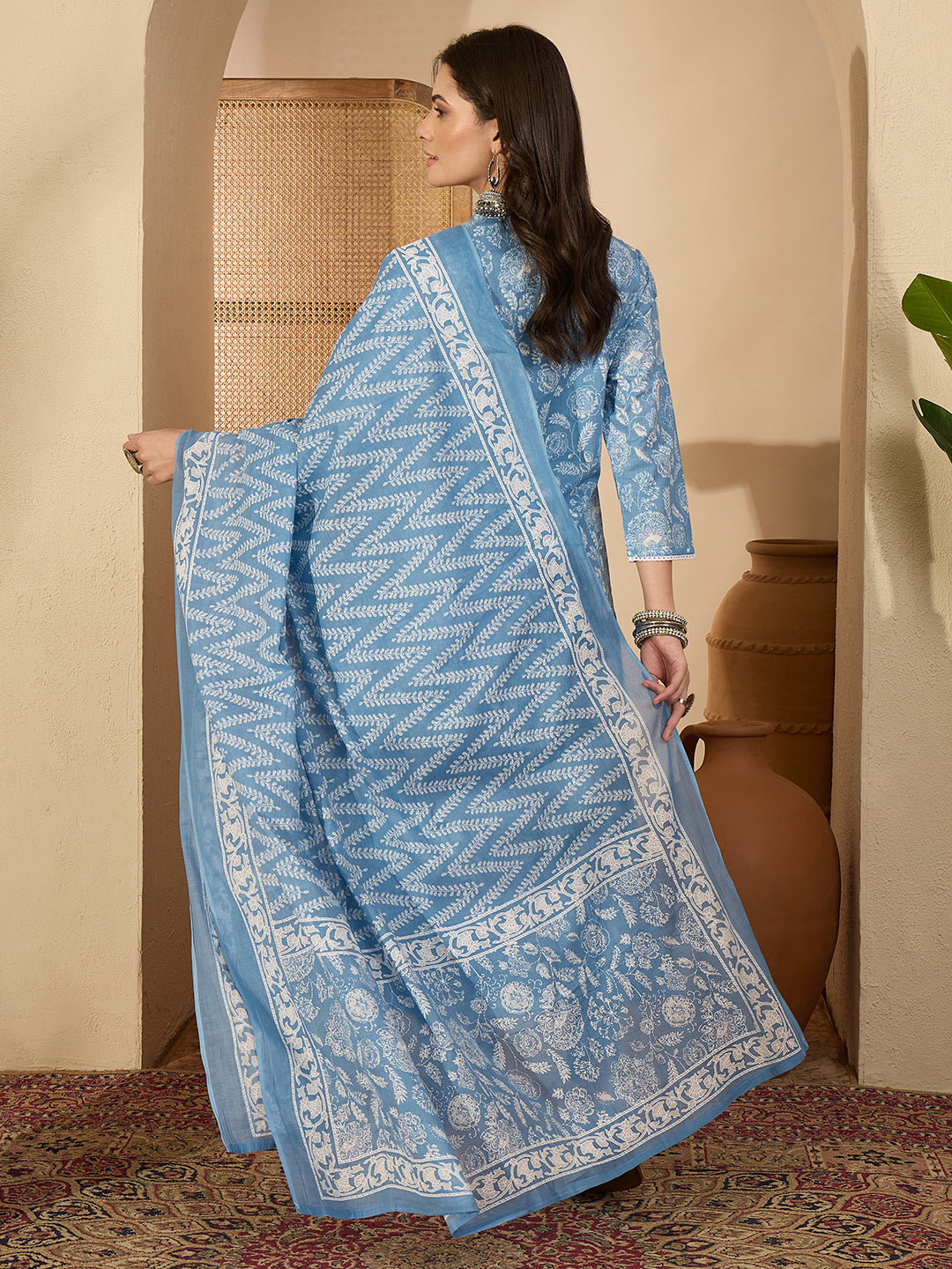 Janasya Women's Light Blue Pure Cotton Floral Printed Straight Kurta Set
