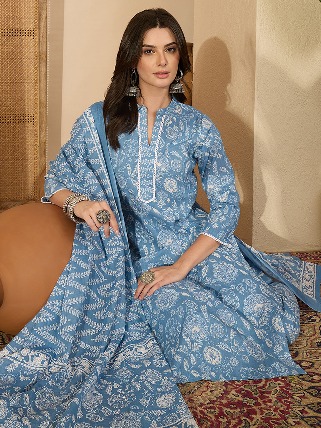 Janasya Women's Light Blue Pure Cotton Floral Printed Straight Kurta Set