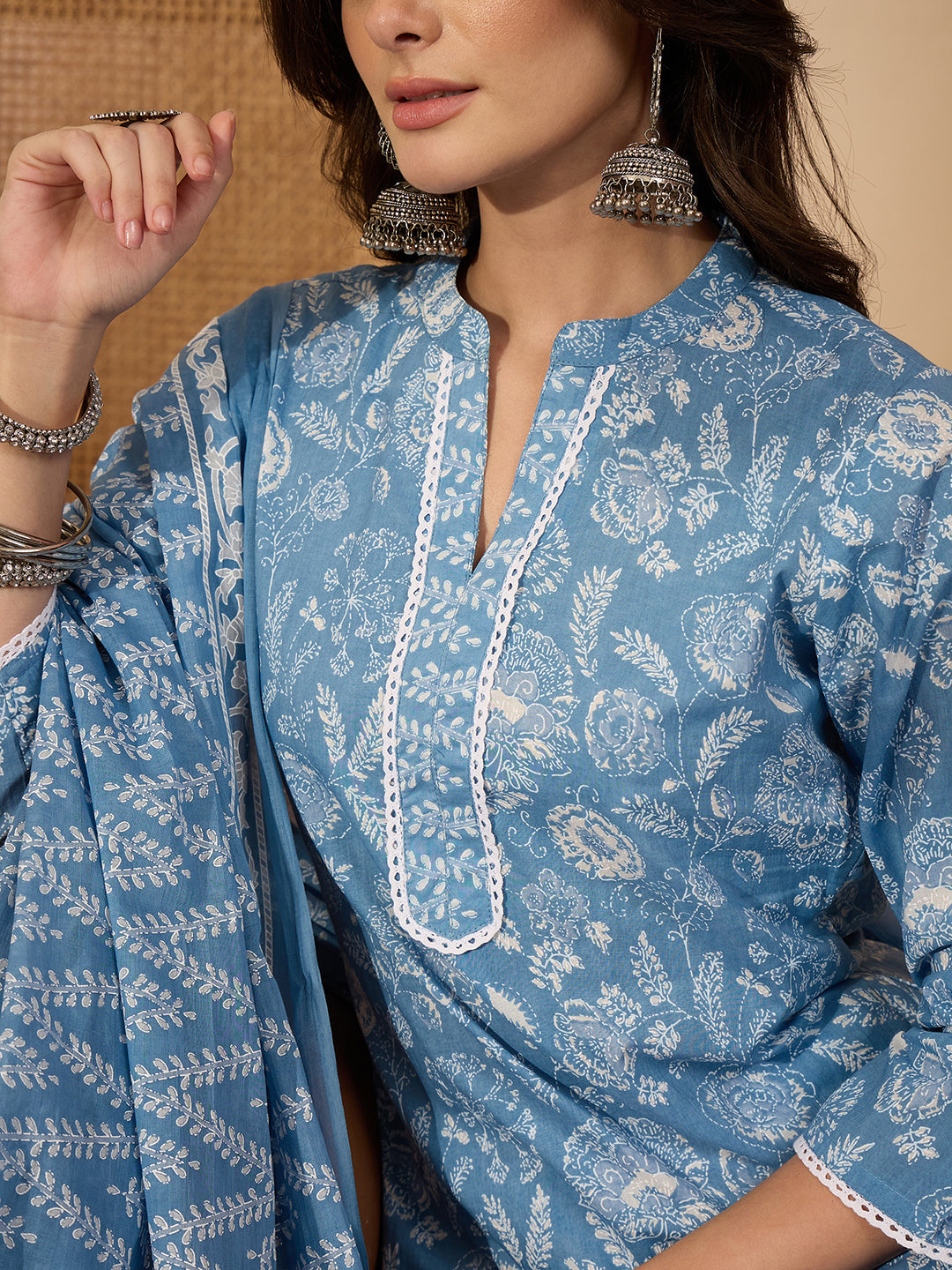 Janasya Women's Light Blue Pure Cotton Floral Printed Straight Kurta Set