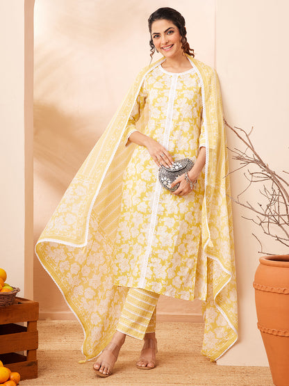 Janasya Women's Yellow Pure Cotton Floral Printed Straight Kurta Set