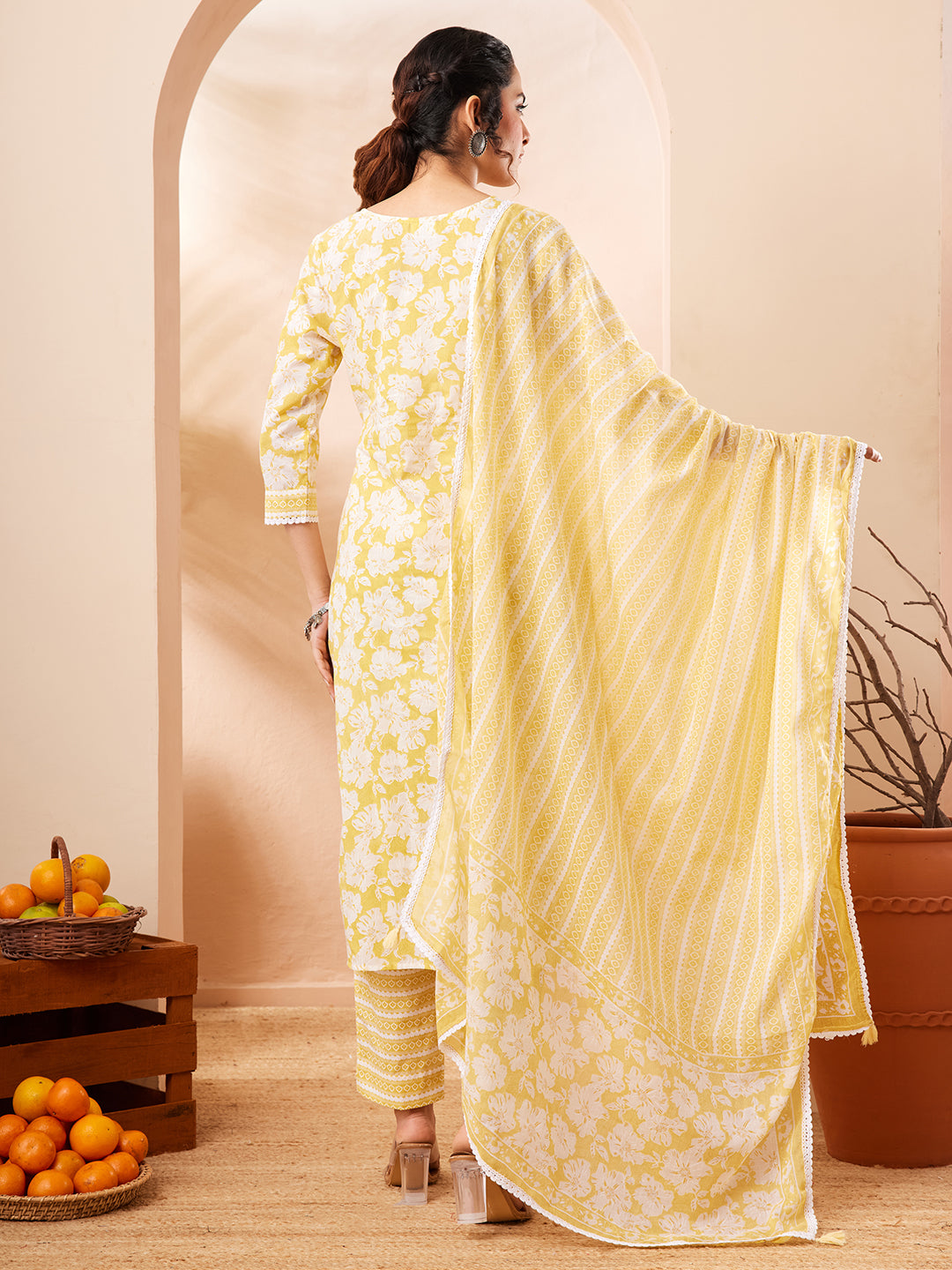 Janasya Women's Yellow Pure Cotton Floral Printed Straight Kurta Set