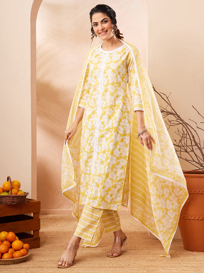 Janasya Women's Yellow Pure Cotton Floral Printed Straight Kurta Set