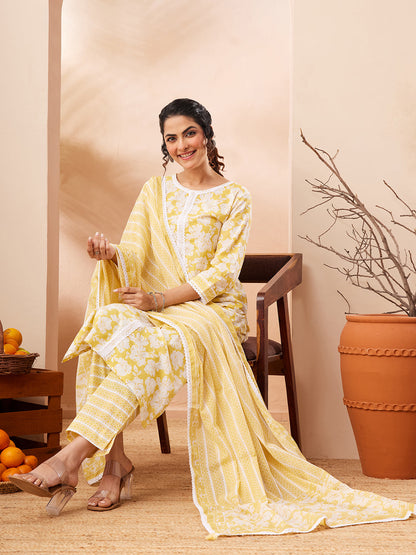 Janasya Women's Yellow Pure Cotton Floral Printed Straight Kurta Set