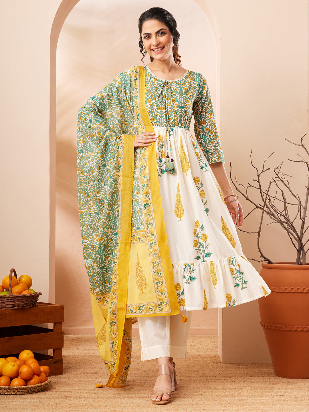 Janasya Women's Off White Pure Cotton Floral Printed Flared A-line Kurta Set