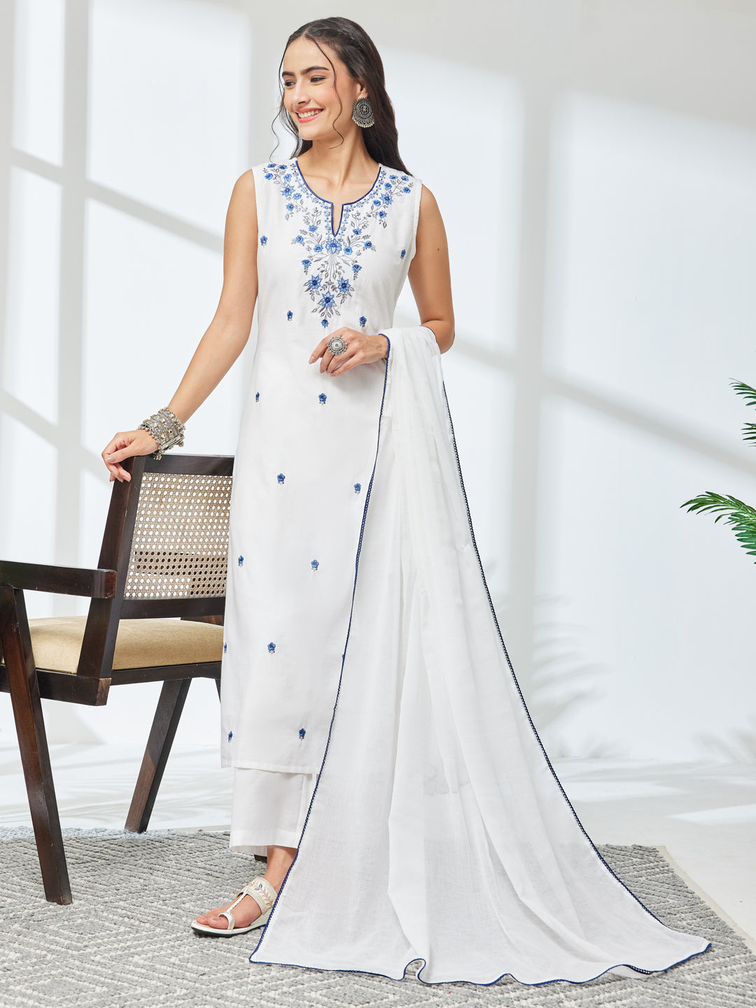 Janasya Women's White Pure Cotton Embroidered Straight Kurta Set