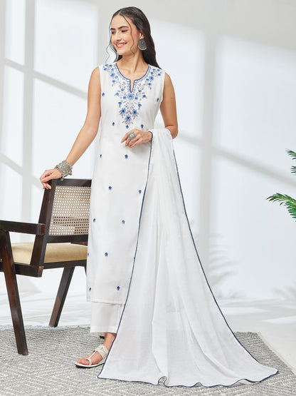 Janasya Women's White Pure Cotton Embroidered Straight Kurta Set