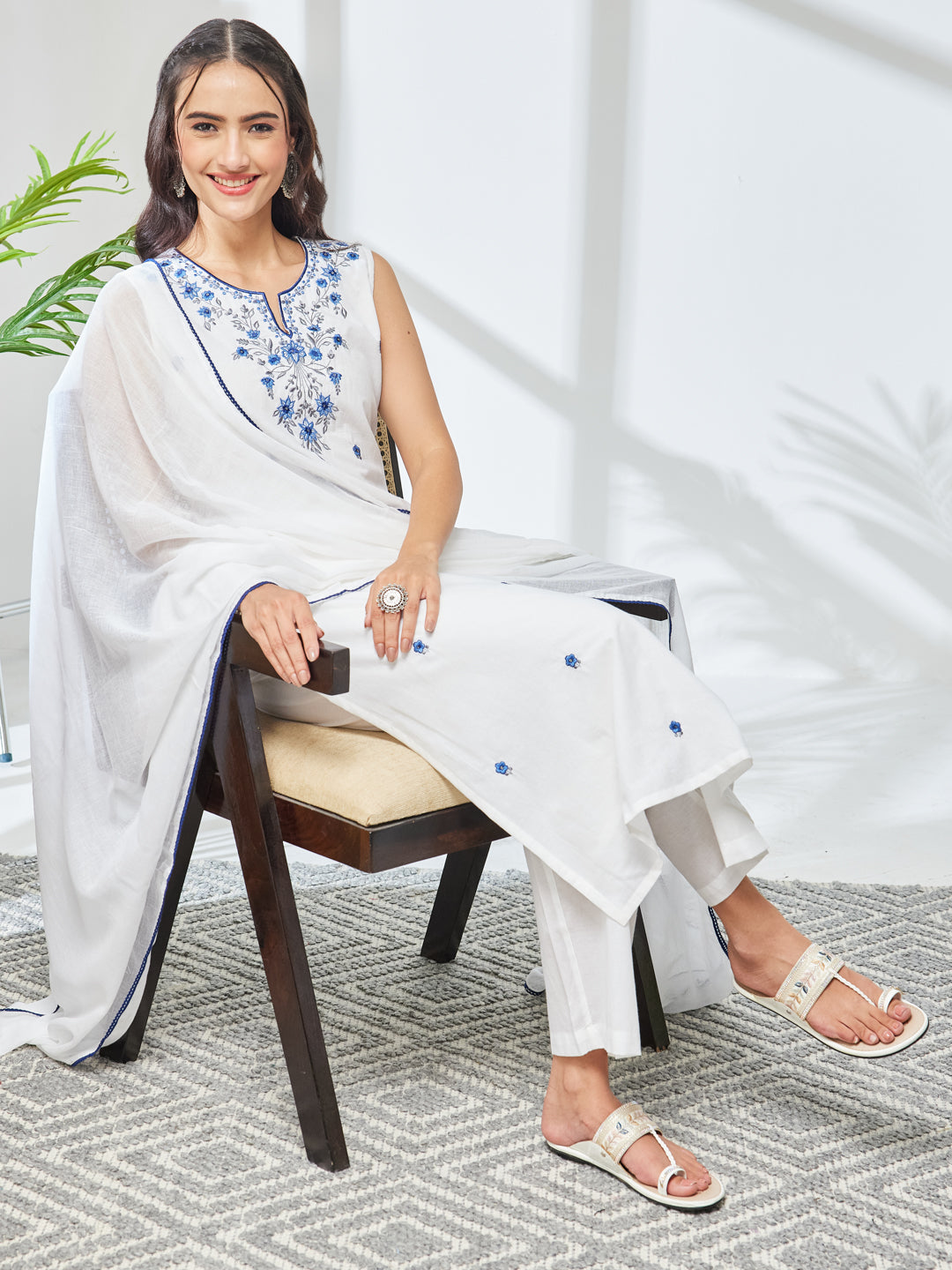 Janasya Women's White Pure Cotton Embroidered Straight Kurta Set