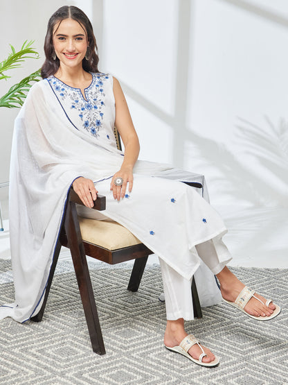 Janasya Women's White Pure Cotton Embroidered Straight Kurta Set
